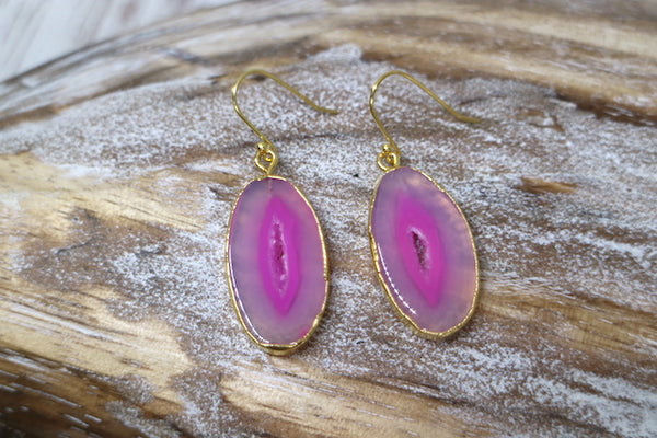 Load image into Gallery viewer, Pink agate gemstone gold earrings
