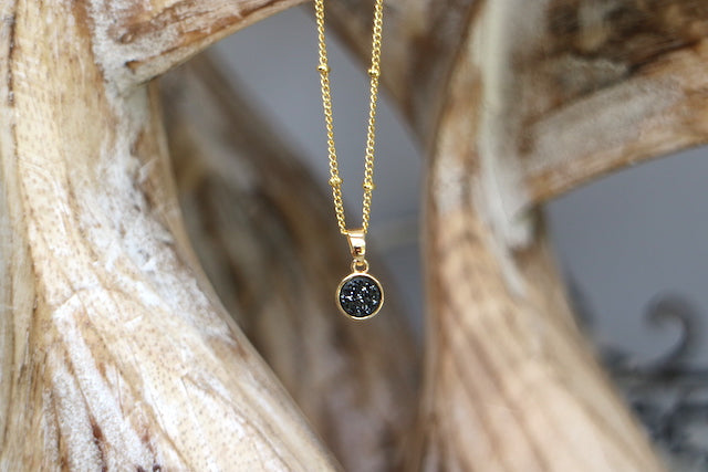 Black druzy quartz gold necklace