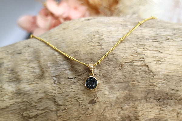 Load image into Gallery viewer, Black druzy quartz gold necklace
