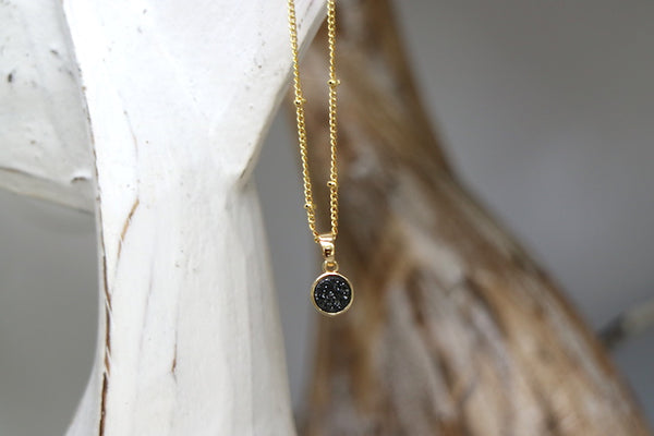 Load image into Gallery viewer, Black druzy quartz gold necklace
