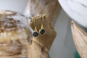 Black druzy quartz gold earrings