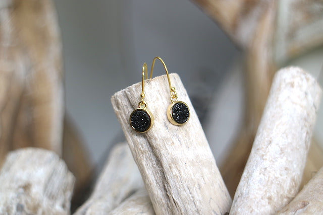 Black druzy quartz gold earrings