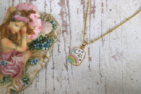 Load image into Gallery viewer, Children&#39;s rainbow, moon and stars gold necklace with opal and cubic zirconias

