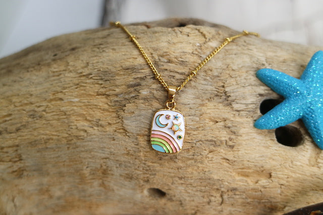 Children's rainbow, moon and stars gold necklace with opal and cubic zirconias
