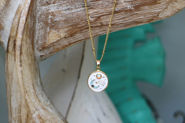 Load image into Gallery viewer, Children&#39;s moon, planet and stars gold necklace with opal and cubic zirconia
