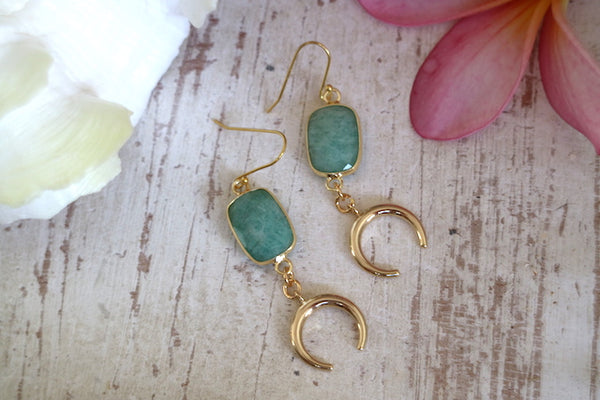 Load image into Gallery viewer, Amazonite gemstone gold moon earrings
