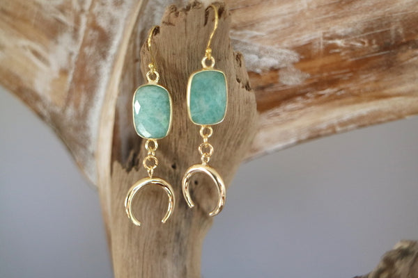 Load image into Gallery viewer, Amazonite gemstone gold moon earrings
