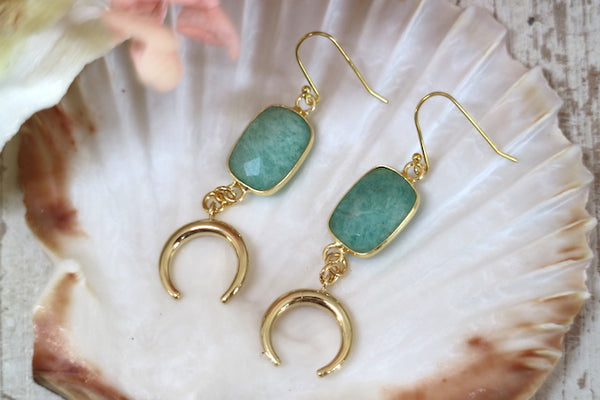 Load image into Gallery viewer, Amazonite gemstone gold moon earrings
