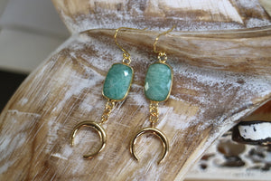 Amazonite gemstone gold moon earrings