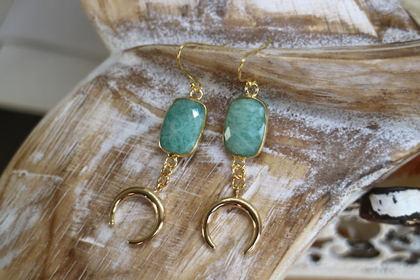 Load image into Gallery viewer, Amazonite gemstone gold moon earrings
