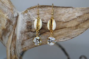 White howlite gemstone and cowrie shell gold earrings