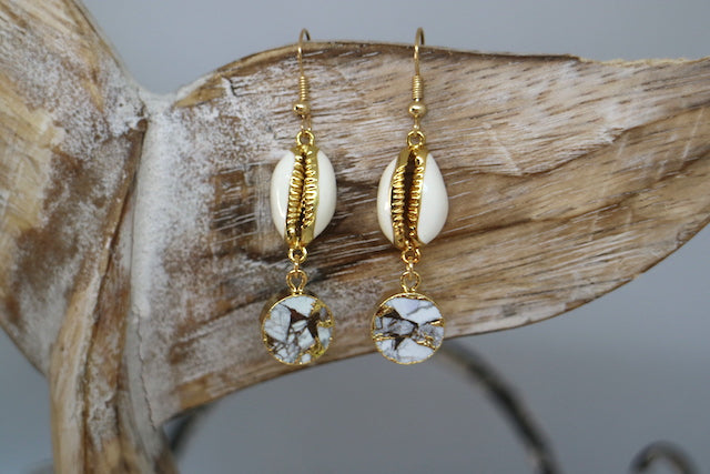 White howlite gemstone and cowrie shell gold earrings