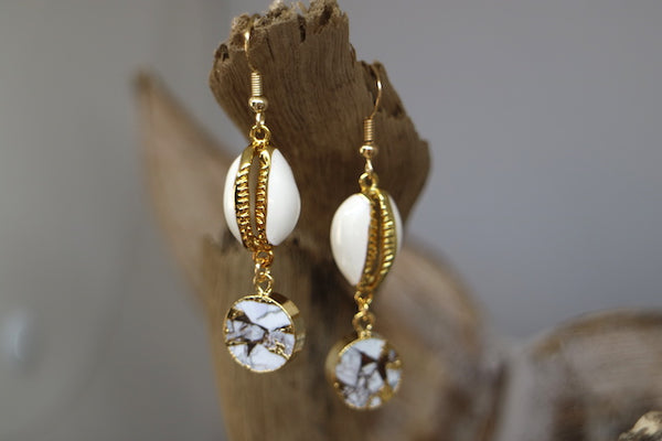 Load image into Gallery viewer, White howlite gemstone and cowrie shell gold earrings
