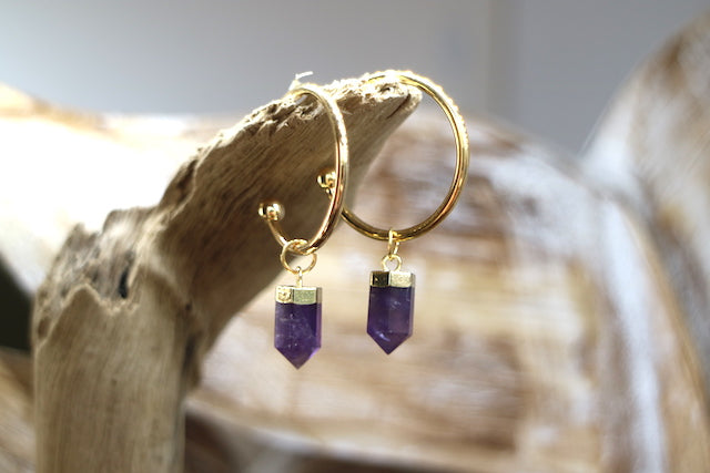 Amethyst crystal point gold hoop earrings