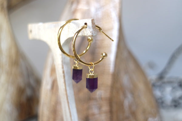 Load image into Gallery viewer, Amethyst crystal point gold hoop earrings
