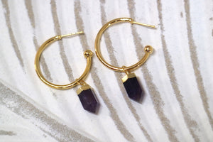 Amethyst crystal point gold hoop earrings