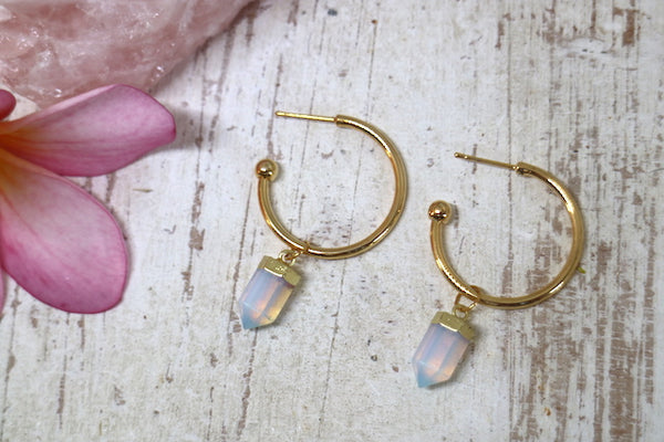 Load image into Gallery viewer, Opalite crystal point gold hoop earrings
