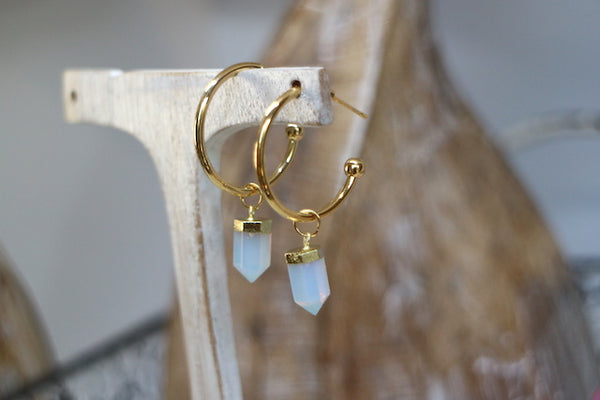 Load image into Gallery viewer, Opalite crystal point gold hoop earrings
