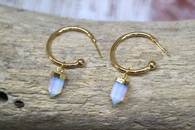 Opalite crystal point gold hoop earrings