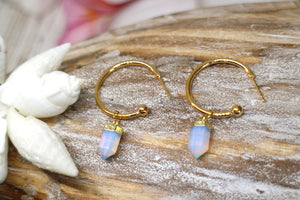 Opalite crystal point gold hoop earrings