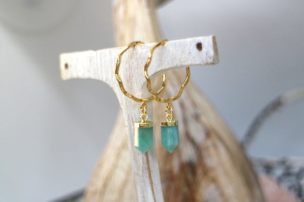 Load image into Gallery viewer, Amazonite gemstone point gold hoop earrings
