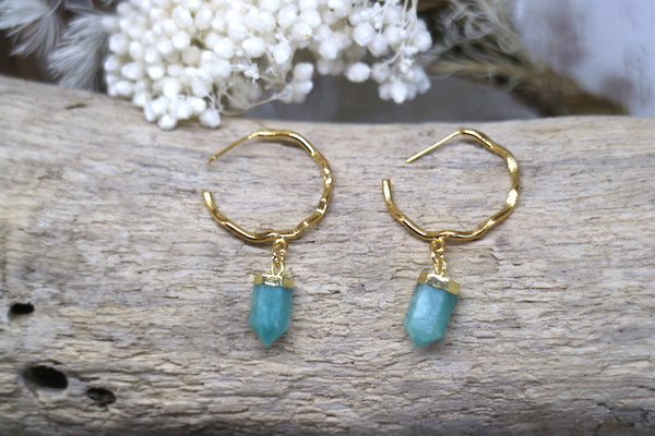 Load image into Gallery viewer, Amazonite gemstone point gold hoop earrings
