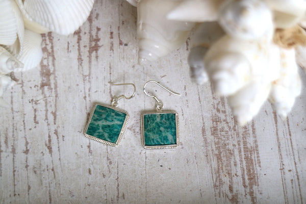 Load image into Gallery viewer, Amazonite gemstone square cute sterling silver earrings
