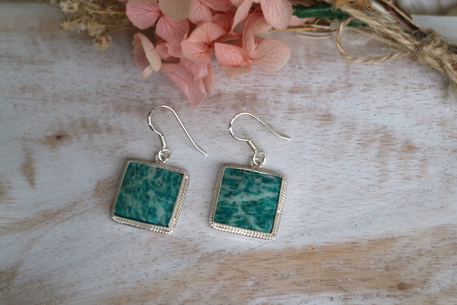 Amazonite gemstone square cute sterling silver earrings