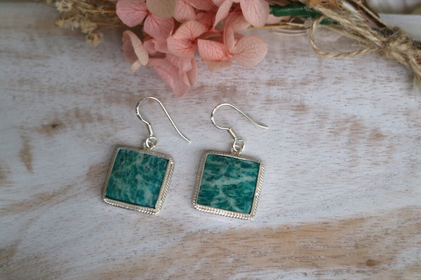 Load image into Gallery viewer, Amazonite gemstone square cute sterling silver earrings
