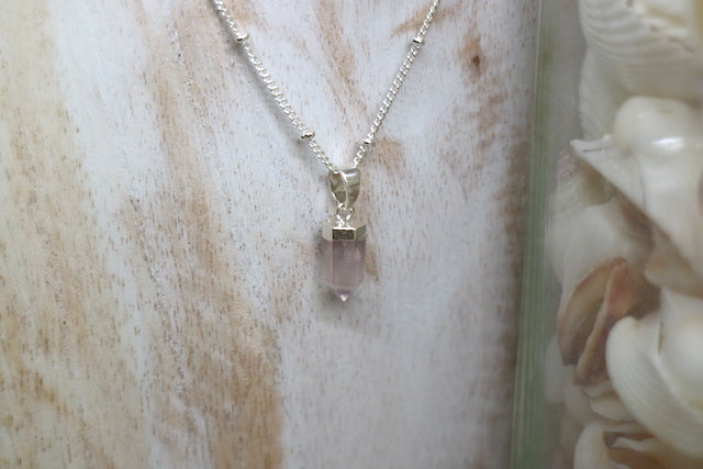 Rose Quartz crystal point silver necklace
