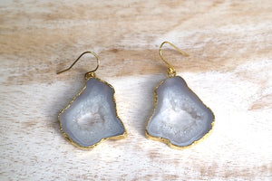 Grey geode druzy agate gold earrings