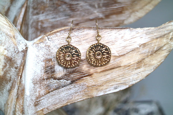 Load image into Gallery viewer, Gold coin bohemian sun earrings
