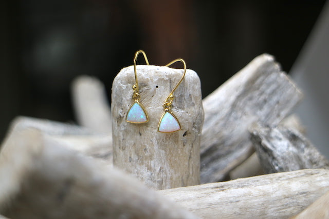 White opal gold triangle earrings