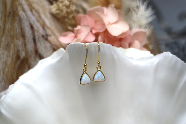 Load image into Gallery viewer, White opal gold triangle earrings
