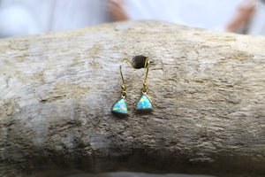 Aqua blue opal triangle gold earrings