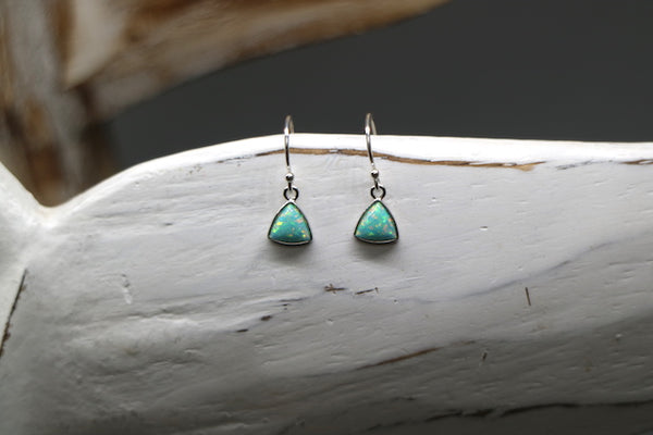 Load image into Gallery viewer, Aqua blue opal triangle silver earrings
