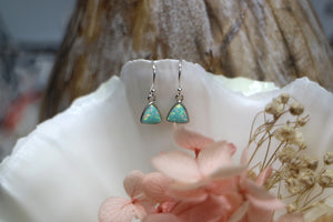 Aqua blue opal triangle silver earrings