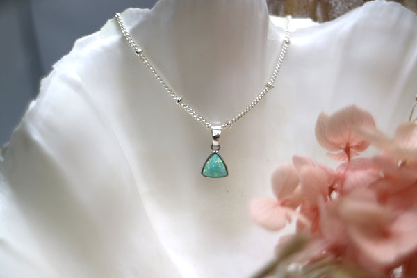 Load image into Gallery viewer, Aqua blue opal triangle silver necklace
