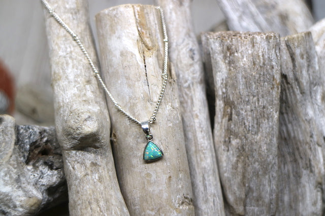Aqua blue opal triangle silver necklace