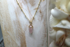 Rose quartz crystal point gold necklace