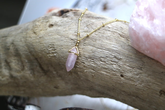 Rose quartz crystal point gold necklace