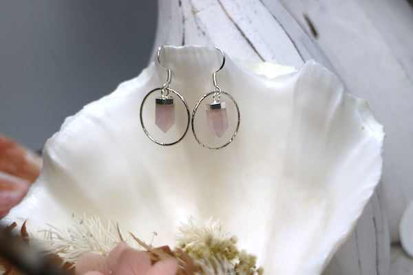 Load image into Gallery viewer, Rose quartz crystal point silver earrings
