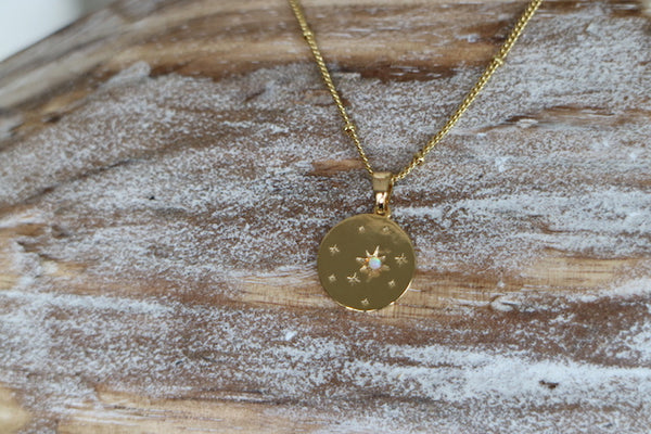 Load image into Gallery viewer, White opal and star gold coin necklace
