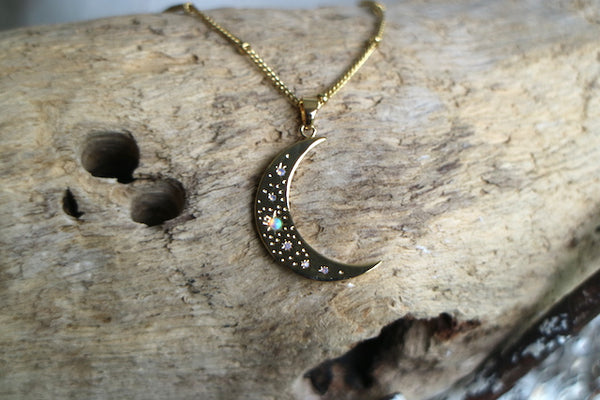 Load image into Gallery viewer, Gold moon pendant with opal stars necklace
