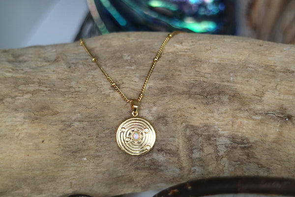 Load image into Gallery viewer, White opal and cubic zirconia coin gold necklace
