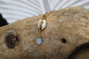 Opalite and cowrie shell gold necklace