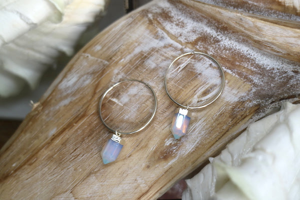 Load image into Gallery viewer, Opalite crystal point silver hoop earrings
