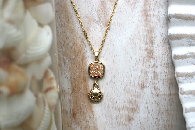 Champagne druzy quartz gold shell necklace