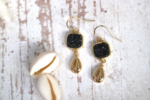 Black druzy quartz and gold cowrie shell earrings