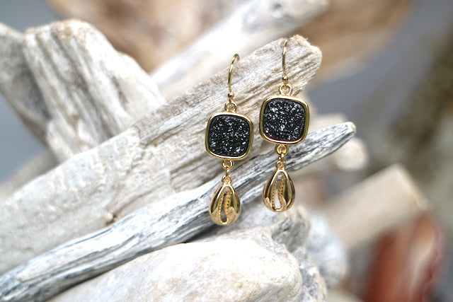 Black druzy quartz and gold cowrie shell earrings